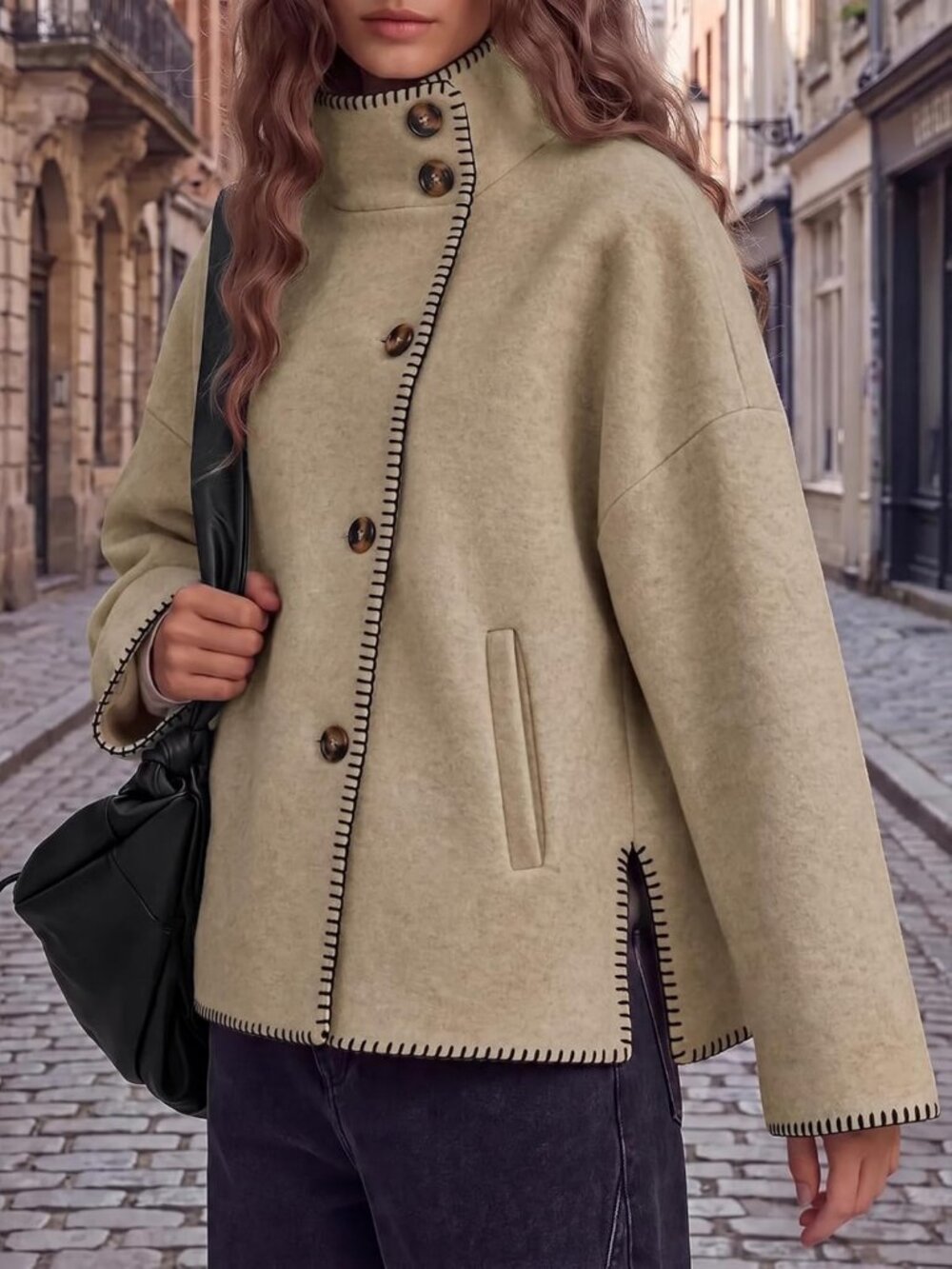 Cropped Oversized Wool Peacoat with Stand Collar for Women - Winter Fashion - Picture 5 of 6